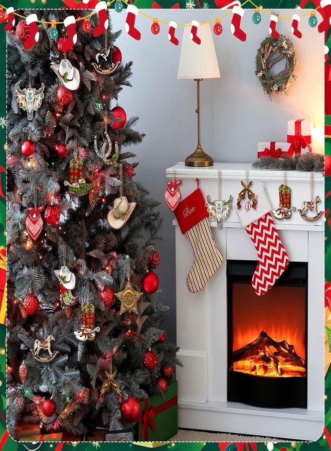 Memorywuu 36 Pcs Western Christmas Ornaments Cowboy Xmas Tree Decorations Cowboy Hat Boots Sheriff Badge Christmas Baubles Horse Cattle Wooden Cutouts for Tree Home Wreath Party Indoor Decor - Image 2
